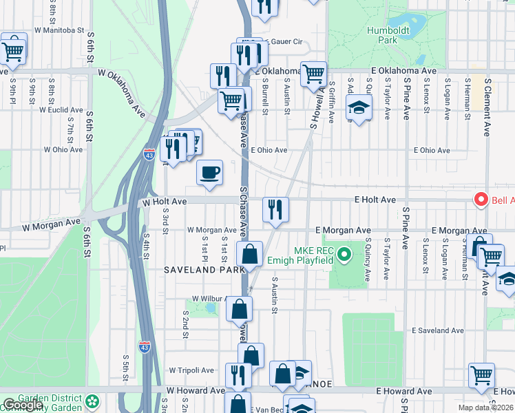 map of restaurants, bars, coffee shops, grocery stores, and more near 3396 South Chase Avenue in Milwaukee