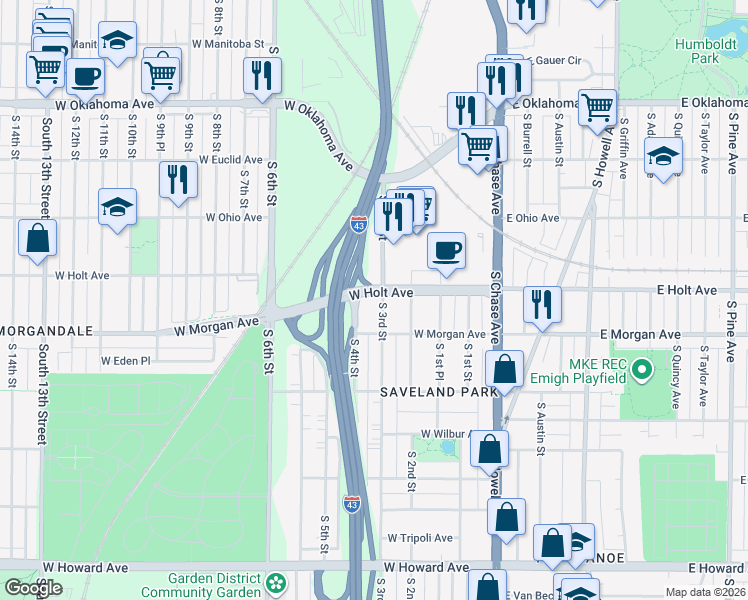 map of restaurants, bars, coffee shops, grocery stores, and more near 3349 South 3rd Street in Milwaukee