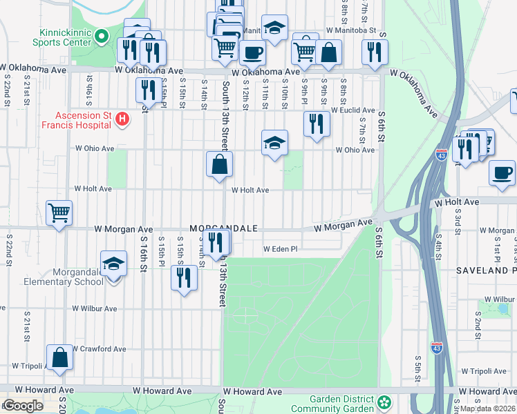 map of restaurants, bars, coffee shops, grocery stores, and more near 3411 South 11th Street in Milwaukee