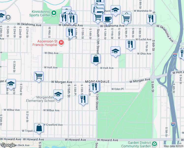 map of restaurants, bars, coffee shops, grocery stores, and more near 3412 South 14th Street in Milwaukee