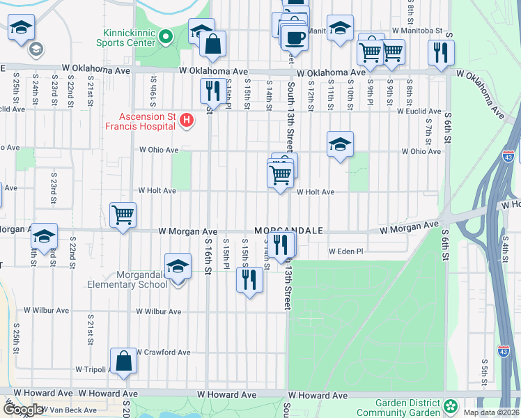 map of restaurants, bars, coffee shops, grocery stores, and more near 3412 South 14th Street in Milwaukee