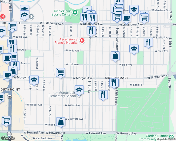 map of restaurants, bars, coffee shops, grocery stores, and more near 3412 South 17th Street in Milwaukee