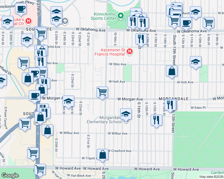 map of restaurants, bars, coffee shops, grocery stores, and more near 3421 South 19th Street in Milwaukee