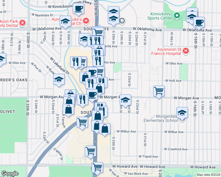 map of restaurants, bars, coffee shops, grocery stores, and more near 3422 South 26th Street in Milwaukee