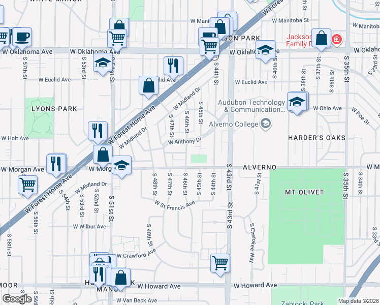 map of restaurants, bars, coffee shops, grocery stores, and more near 4605 West Anthony Drive in Greenfield