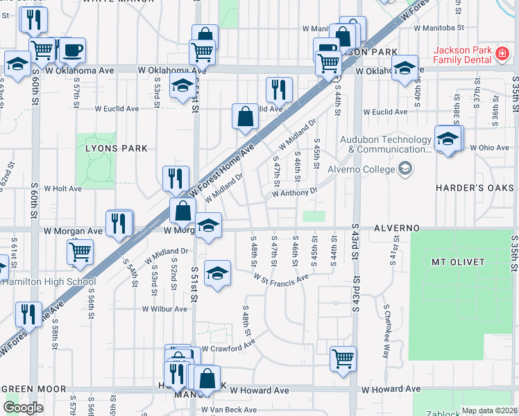 map of restaurants, bars, coffee shops, grocery stores, and more near 4721 West Anthony Drive in Greenfield