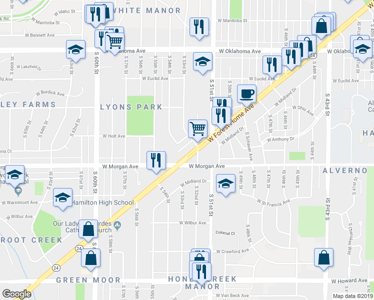 map of restaurants, bars, coffee shops, grocery stores, and more near 5160 West Forest Home Avenue in Milwaukee