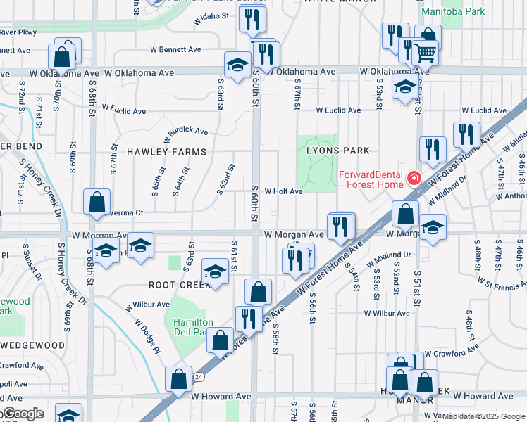 map of restaurants, bars, coffee shops, grocery stores, and more near 3417 South 58th Street in Milwaukee