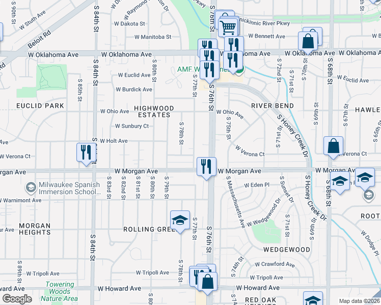 map of restaurants, bars, coffee shops, grocery stores, and more near 3415 South 77th Street in Milwaukee