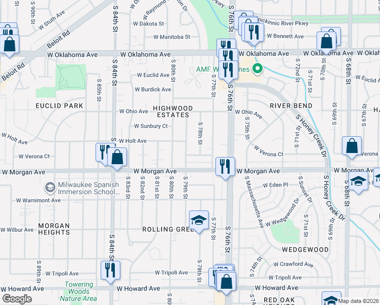 map of restaurants, bars, coffee shops, grocery stores, and more near 3412 South 79th Street in Milwaukee