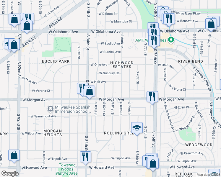 map of restaurants, bars, coffee shops, grocery stores, and more near 3409 South 81st Street in Milwaukee