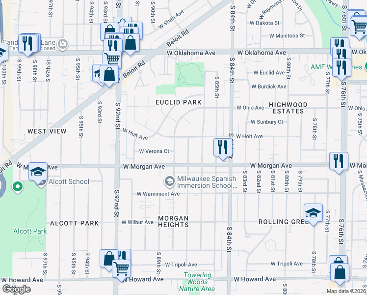 map of restaurants, bars, coffee shops, grocery stores, and more near 3409 South 87th Street in Milwaukee