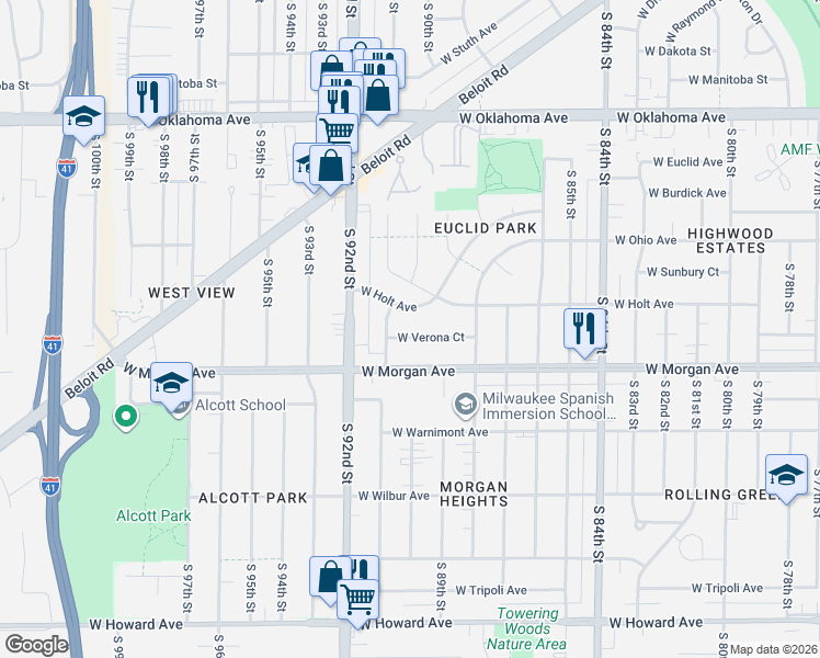 map of restaurants, bars, coffee shops, grocery stores, and more near 8915 West Holt Avenue in Milwaukee