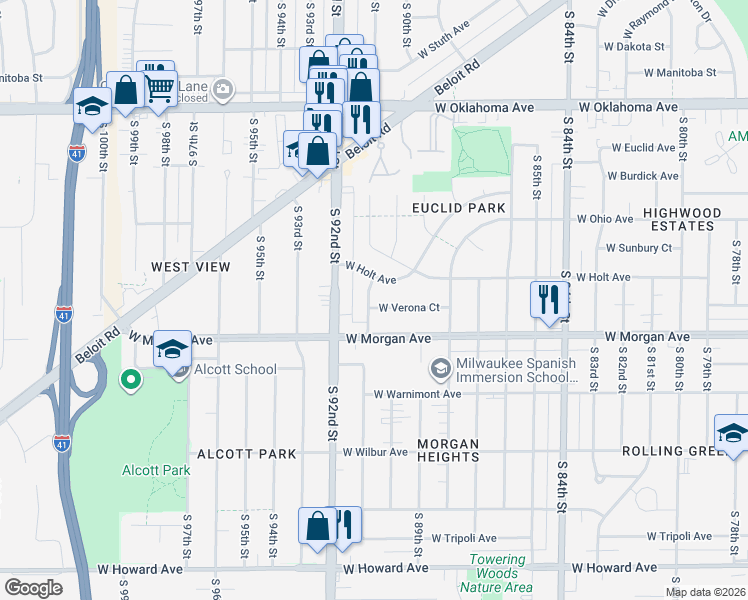 map of restaurants, bars, coffee shops, grocery stores, and more near 3416 South 91st Street in Milwaukee