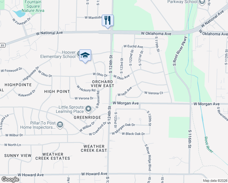 map of restaurants, bars, coffee shops, grocery stores, and more near 3397 Cooper Court in West Allis