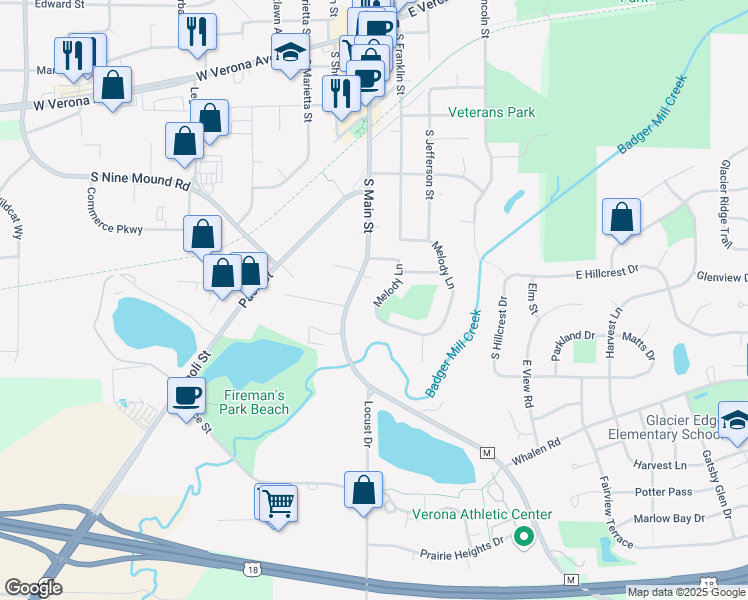 map of restaurants, bars, coffee shops, grocery stores, and more near 441 South Main Street in Verona