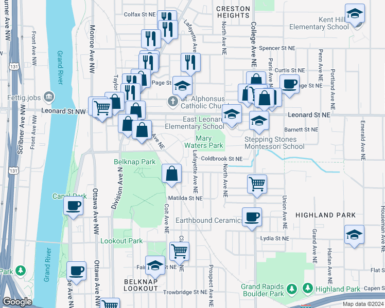 map of restaurants, bars, coffee shops, grocery stores, and more near 1037 Lafayette Avenue Northeast in Grand Rapids