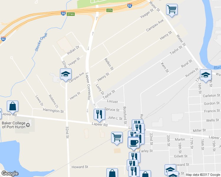 map of restaurants, bars, coffee shops, grocery stores, and more near 613 Taylor Street in Port Huron