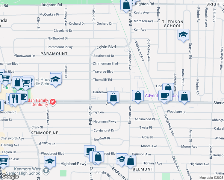map of restaurants, bars, coffee shops, grocery stores, and more near 21 Fallwood Court in Buffalo