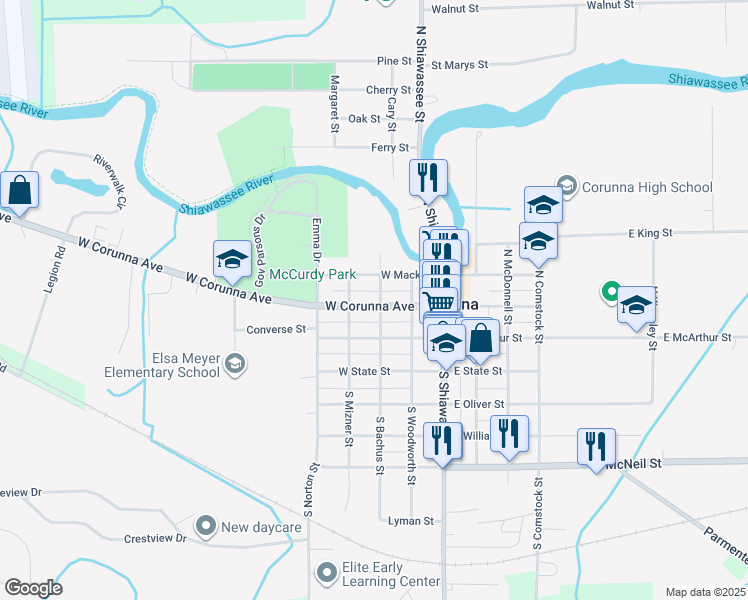 map of restaurants, bars, coffee shops, grocery stores, and more near 302 North Mizner Street in Corunna