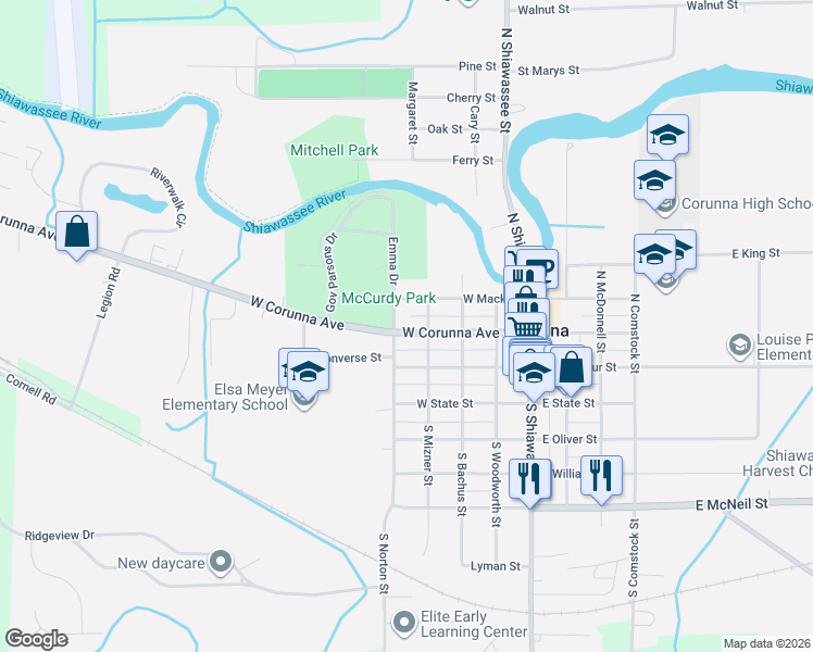 map of restaurants, bars, coffee shops, grocery stores, and more near 415 West Mack Street in Corunna