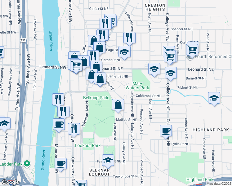 map of restaurants, bars, coffee shops, grocery stores, and more near 1070 Clancy Avenue Northeast in Grand Rapids