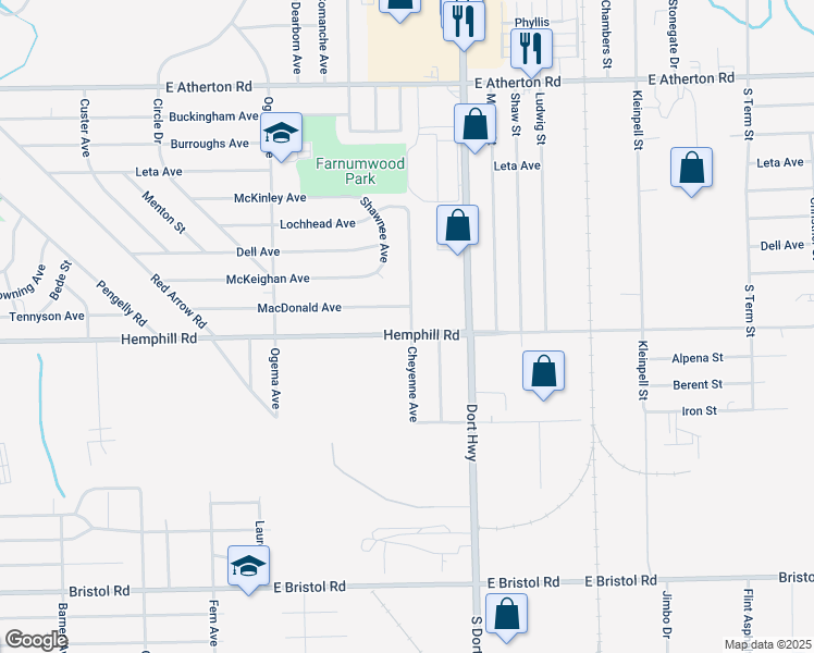map of restaurants, bars, coffee shops, grocery stores, and more near 4510 South Dort Highway in Flint