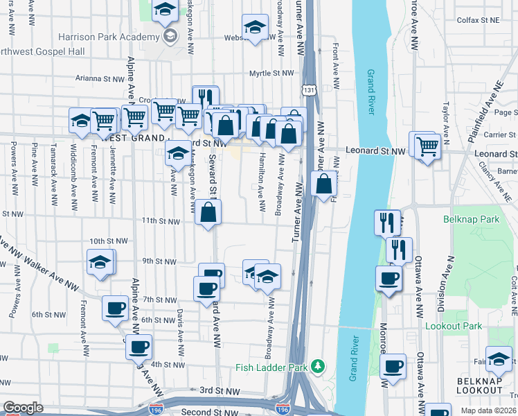 map of restaurants, bars, coffee shops, grocery stores, and more near 1040 Hamilton Avenue Northwest in Grand Rapids