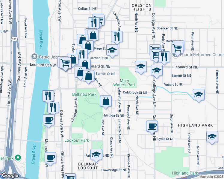map of restaurants, bars, coffee shops, grocery stores, and more near 1040 Creston Plaza Drive Northeast in Grand Rapids