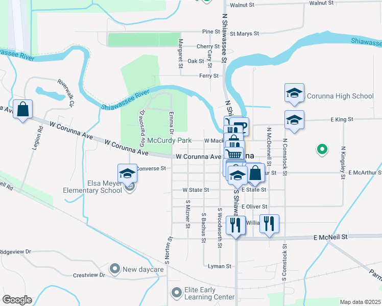 map of restaurants, bars, coffee shops, grocery stores, and more near 302 North Mizner Street in Corunna