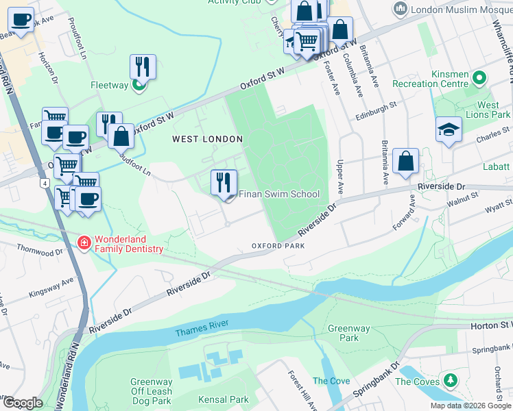 map of restaurants, bars, coffee shops, grocery stores, and more near 604 Beaverbrook Avenue in London