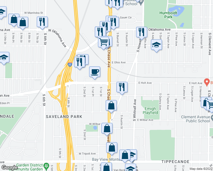 map of restaurants, bars, coffee shops, grocery stores, and more near 3409 South Chase Avenue in Milwaukee