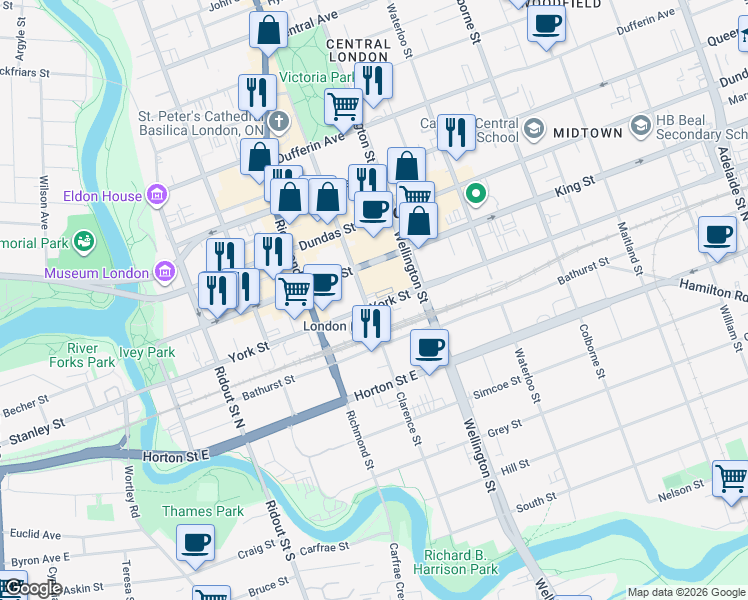 map of restaurants, bars, coffee shops, grocery stores, and more near 330 Clarence Street in London