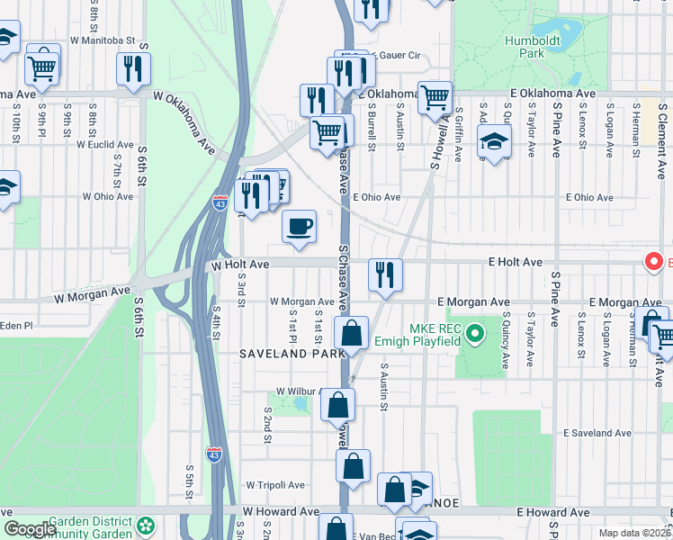 map of restaurants, bars, coffee shops, grocery stores, and more near 3409 South Chase Avenue in Milwaukee