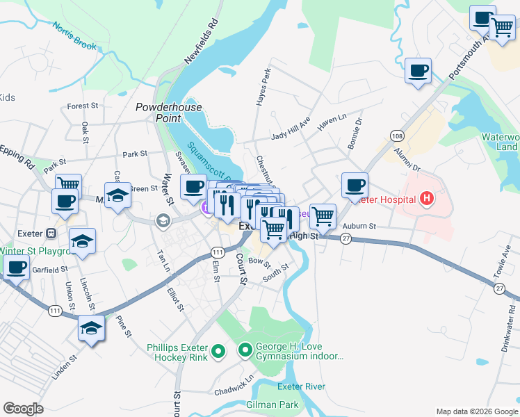 map of restaurants, bars, coffee shops, grocery stores, and more near 20 Chestnut Street in Exeter