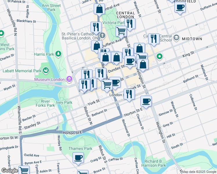 map of restaurants, bars, coffee shops, grocery stores, and more near in London