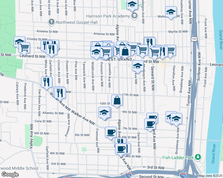 map of restaurants, bars, coffee shops, grocery stores, and more near 1014 Jennette Avenue Northwest in Grand Rapids
