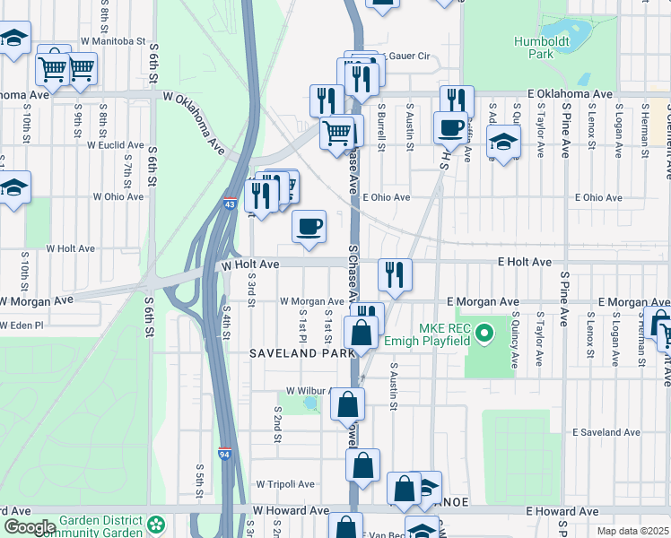 map of restaurants, bars, coffee shops, grocery stores, and more near 150C West Holt Avenue in Milwaukee