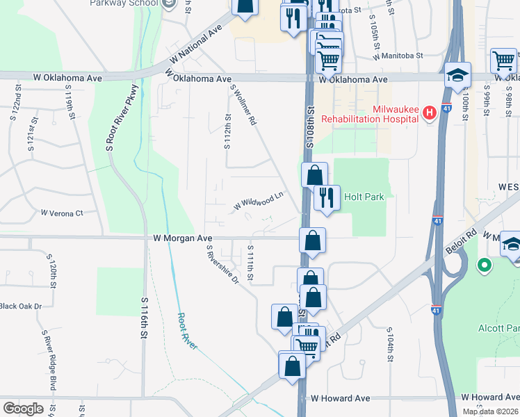map of restaurants, bars, coffee shops, grocery stores, and more near 3465 South 108th Street in West Allis