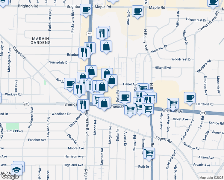 map of restaurants, bars, coffee shops, grocery stores, and more near 3048 Sheridan Drive in Buffalo