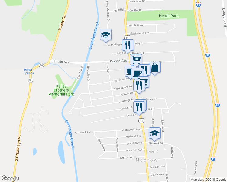 map of restaurants, bars, coffee shops, grocery stores, and more near 165 Everingham Road in Syracuse