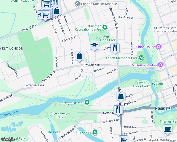 map of restaurants, bars, coffee shops, grocery stores, and more near 95 Walnut Street in London