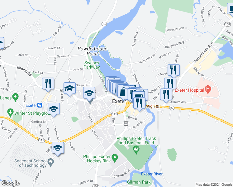 map of restaurants, bars, coffee shops, grocery stores, and more near 193 Water Street in Exeter