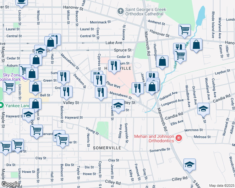 map of restaurants, bars, coffee shops, grocery stores, and more near 450 Massabesic Street in Manchester