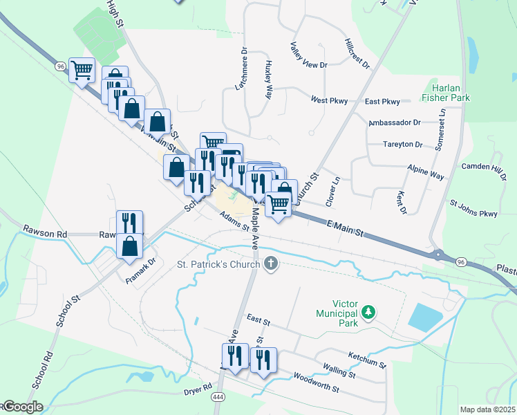 map of restaurants, bars, coffee shops, grocery stores, and more near in Victor