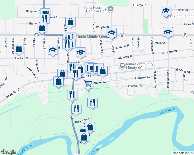 map of restaurants, bars, coffee shops, grocery stores, and more near 318 West Main Street in Ionia