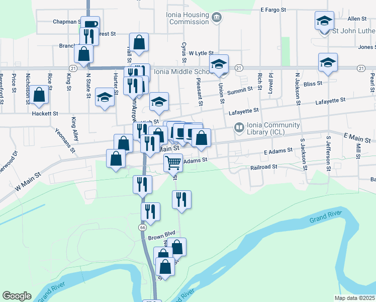 map of restaurants, bars, coffee shops, grocery stores, and more near 318 West Main Street in Ionia