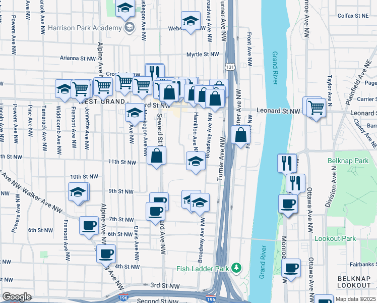 map of restaurants, bars, coffee shops, grocery stores, and more near 1040 Hamilton Avenue Northwest in Grand Rapids