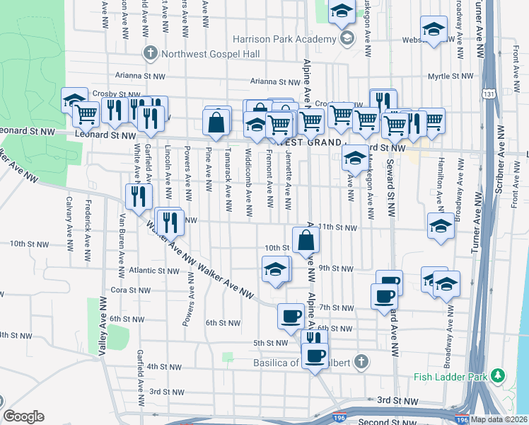 map of restaurants, bars, coffee shops, grocery stores, and more near 1027 Fremont Avenue Northwest in Grand Rapids