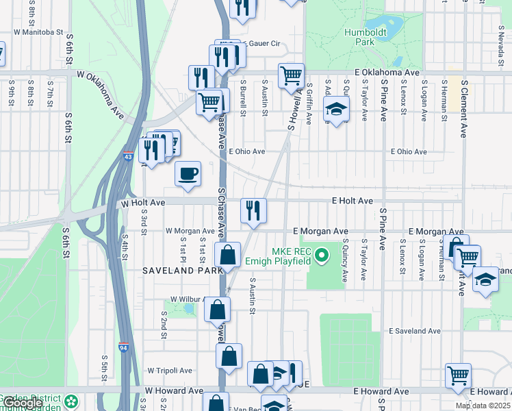 map of restaurants, bars, coffee shops, grocery stores, and more near 220 East Holt Avenue in Milwaukee